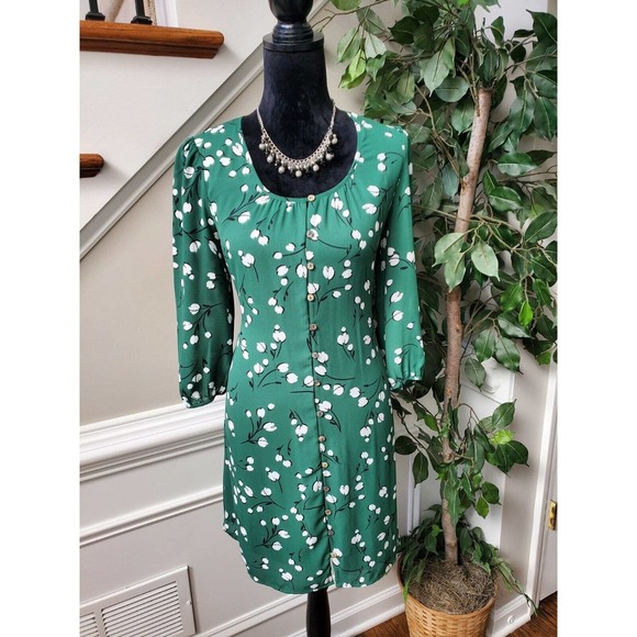 Les Serien Green Floral Polyester Scoop Neck Long Sleeve Knee Length Dress S - Picture 1 of 12